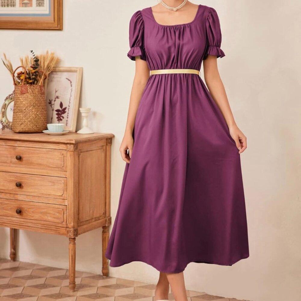 Bridgerton Elegant Purple Maxi Dress with Puffy Sleeves and Gold Bow - Picture 1 of 4